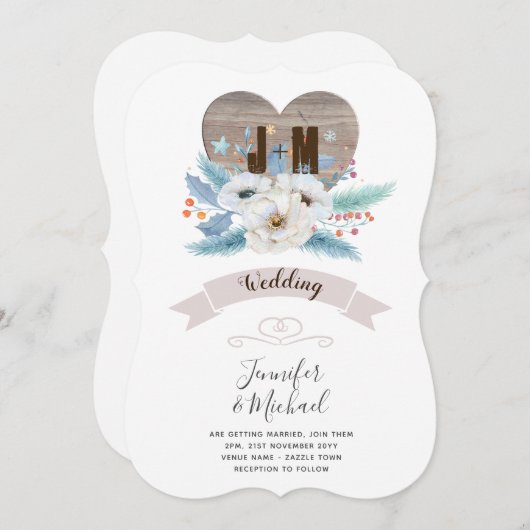 Rustieke Gegraveerde Houten Hart Monogram Bloemige Kaart (Voorkant / Achterkant)