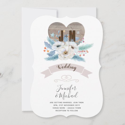 Rustieke Gegraveerde Houten Hart Monogram Bloemige Kaart (Voorkant)