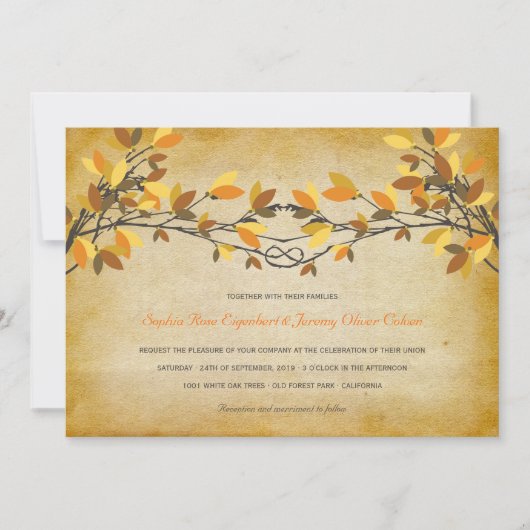 rustieke geknoopte liefdesbomen herfstbruiloft kaart (Voorkant)