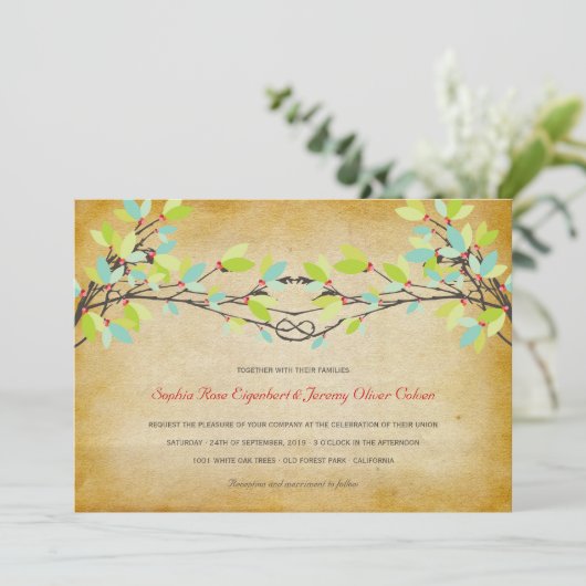  rustieke geknoopte liefdesboom lente bruiloft kaart (Staand voorkant)
