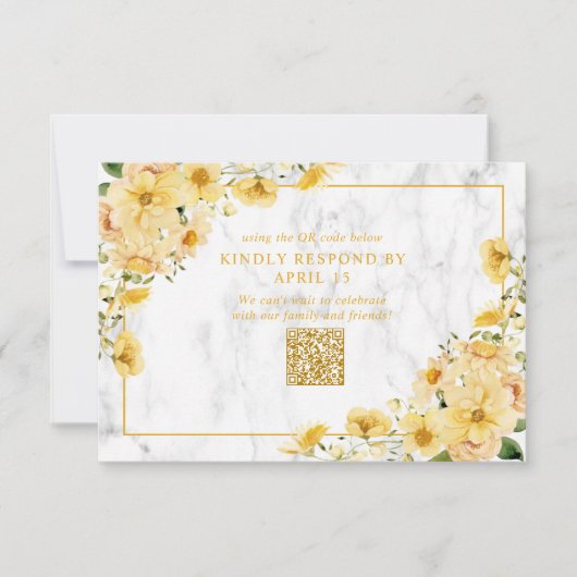 Rustieke Gele Bloem Marmer QR Code Trouw RSVP Kaartje (Voorkant)