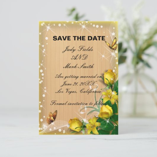 Rustieke Gele Bloem Vlinder Save The Date Kaart (Staand voorkant)