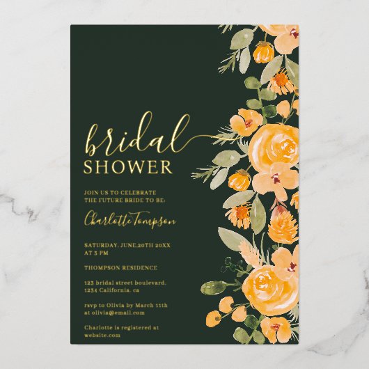 Rustieke gele bloemenwaterverf herfst vrijgezellen folie uitnodiging (Voorkant)