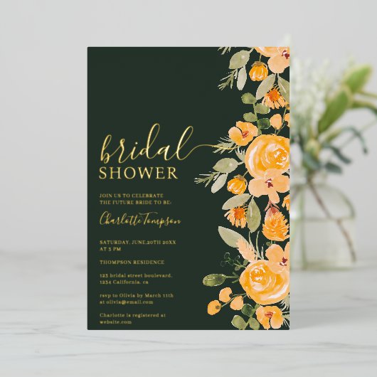 Rustieke gele bloemenwaterverf herfst vrijgezellen folie uitnodiging (Staand Voorkant)