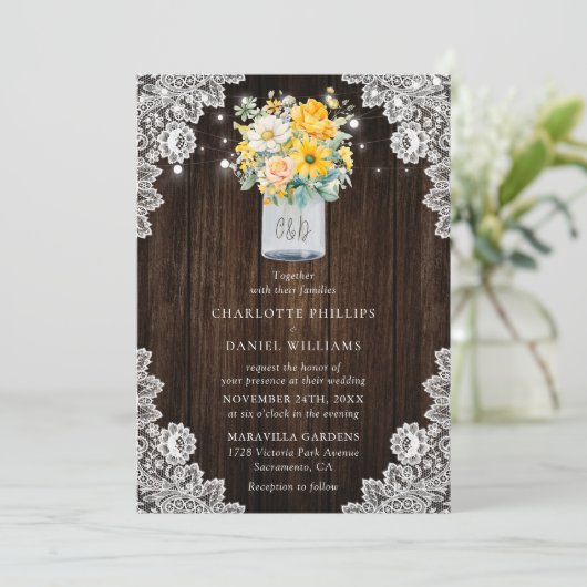 Rustieke Gele Perzik Bloemen Mason Jar Hout Bruilo Kaart (Staand voorkant)