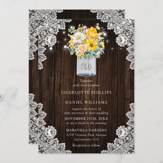 Rustieke Gele Perzik Bloemen Mason Jar Hout Bruilo Kaart (Voorkant / Achterkant)