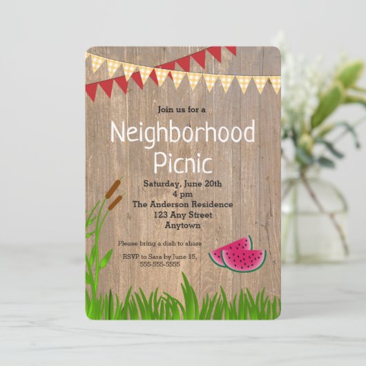 Rustieke Gele Plaid Buurt Picknick Uitnodiging (Staand voorkant)