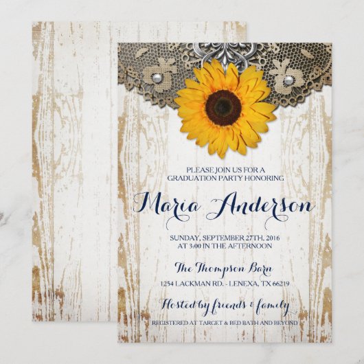 Rustieke Gele Zonnebloem Afstuderen Invitation Kaart (Voorkant / Achterkant)