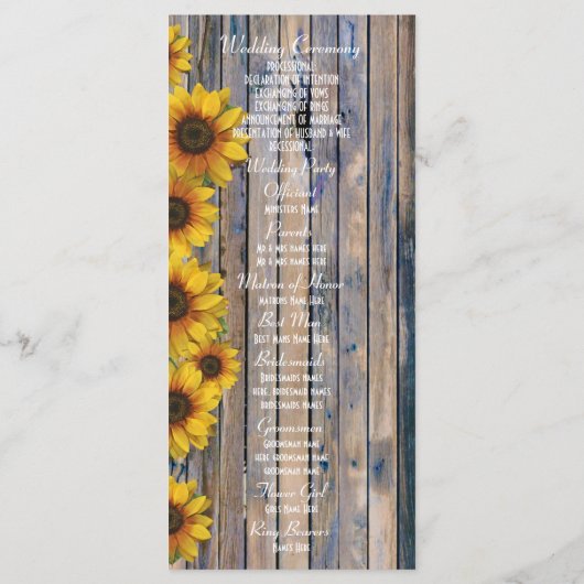 Rustieke gele zonnebloem kerk huwelijksprogramma programmakaart (Achterkant)