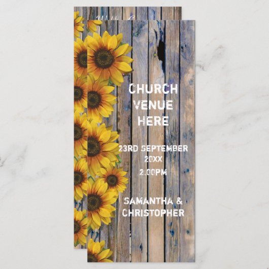 Rustieke gele zonnebloem kerk huwelijksprogramma programmakaart (Voorkant / Achterkant)