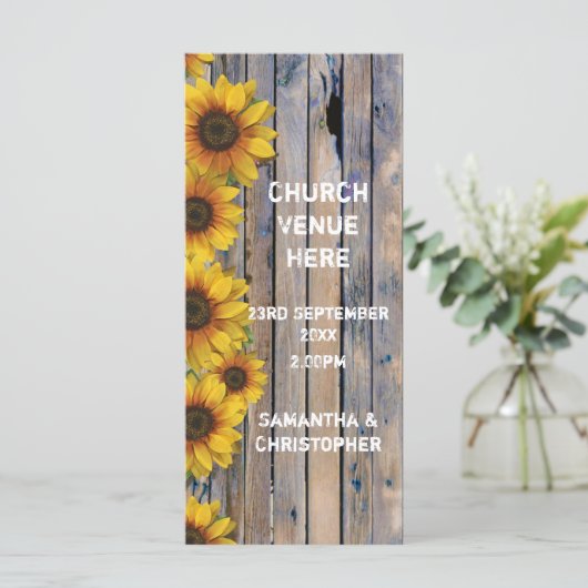 Rustieke gele zonnebloem kerk huwelijksprogramma programmakaart (Staand voorkant)