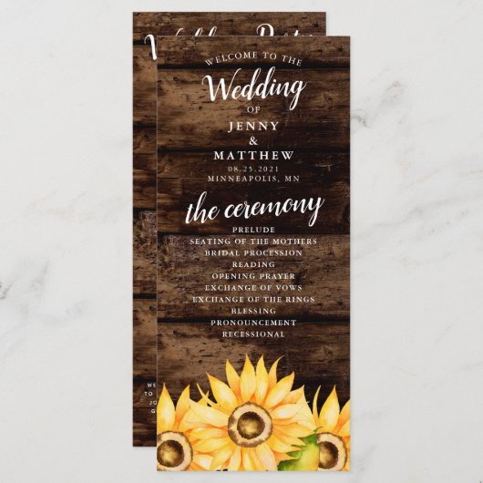 Rustieke Gele Zonnebloem Thema Bruiloft Programmakaart (Voorkant / Achterkant)
