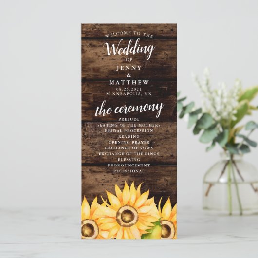 Rustieke Gele Zonnebloem Thema Bruiloft Programmakaart (Staand voorkant)