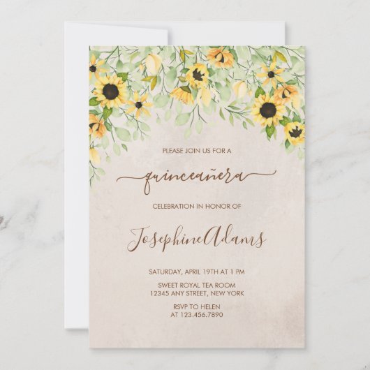 Rustieke Gele Zonnebloem Waterverf Quinceanera Kaart (Voorkant)