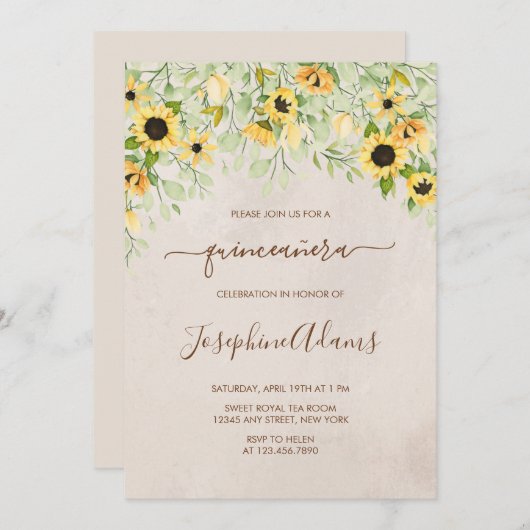 Rustieke Gele Zonnebloem Waterverf Quinceanera Kaart (Voorkant / Achterkant)