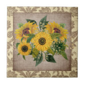 Rustieke Gele Zonnebloemen Linnen Vintage Damast Tegeltje (Voorkant)