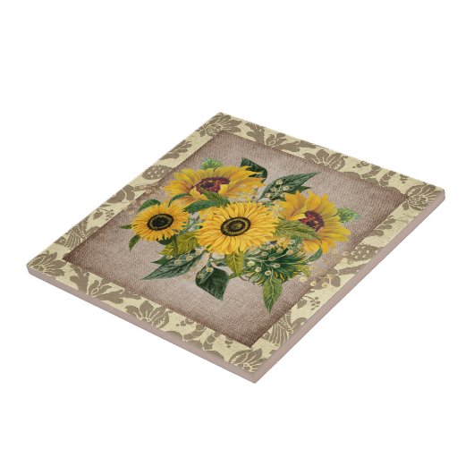 Rustieke Gele Zonnebloemen Linnen Vintage Damast Tegeltje (Zijkant)