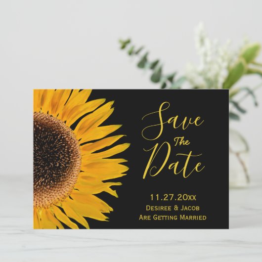 Rustieke Gele Zwarte Zonnebloem Save The Date (Staand voorkant)