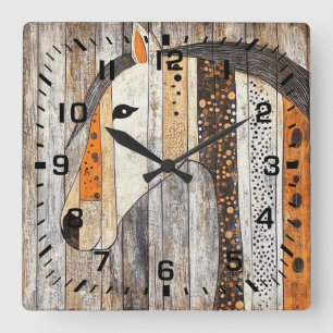 Rustieke geometrische boho houtnerf paard vierkante klok