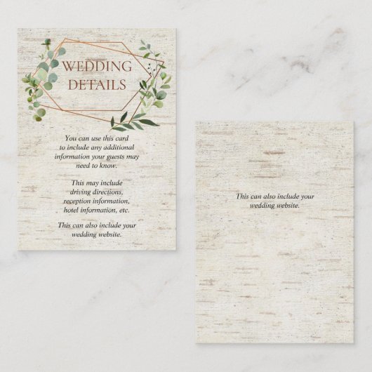 Rustieke geometrische eucalyptus berk bruiloft det informatiekaartje (Voorkant / Achterkant)