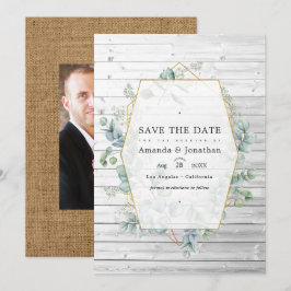 Rustieke geometrische eucalyptus tuinhuwelijk save the date
