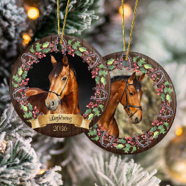 Rustieke gepersonaliseerde 2 foto's Paard Kerstmis Keramisch Ornament