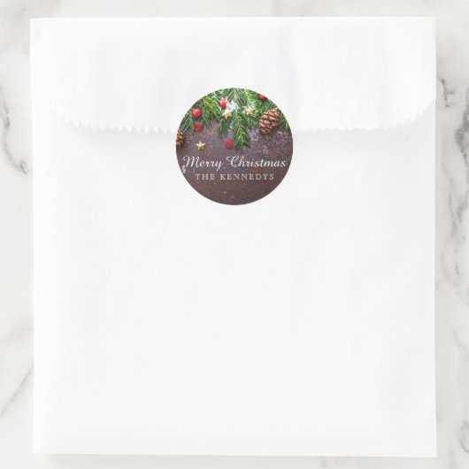 Rustieke gepersonaliseerde kerst ronde sticker (Tas)