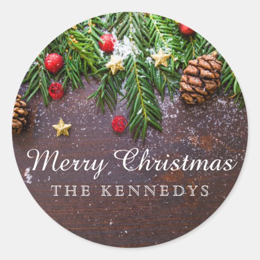 Rustieke gepersonaliseerde kerst ronde sticker (Voorkant)