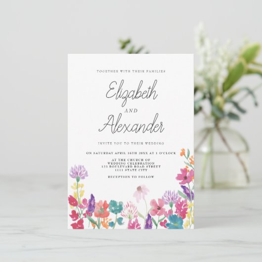 Rustieke geperste wilde bloemen achtertuin bruilof kaart (Staand voorkant)