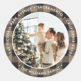 Rustieke geplakte foto kerst retour adreslabels ronde sticker