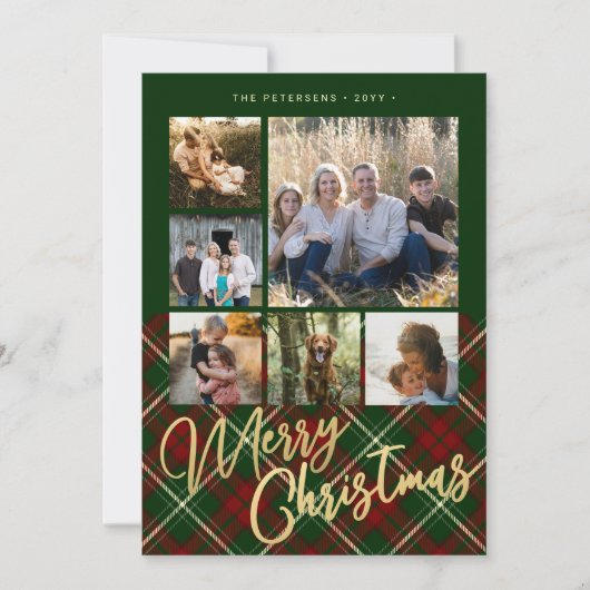 Rustieke geruite familie foto collage Vrolijk Kers Feestdagenkaart (Voorkant)