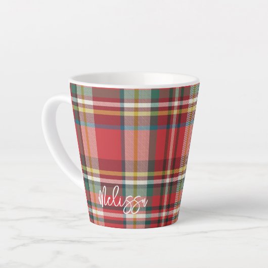 Rustieke geruite gepersonaliseerde script Kerstmis Latte Mok (Linkerhoek)