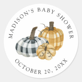 Rustieke geruite pompoenen baby shower ronde sticker