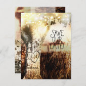 Rustieke Gesneden Boom & Snoerlampjes Save The Dat Aankondigingskaart (Voorkant / Achterkant)