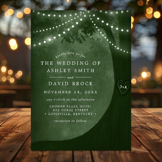 Rustieke gesneden boom string licht groen bruiloft kaart