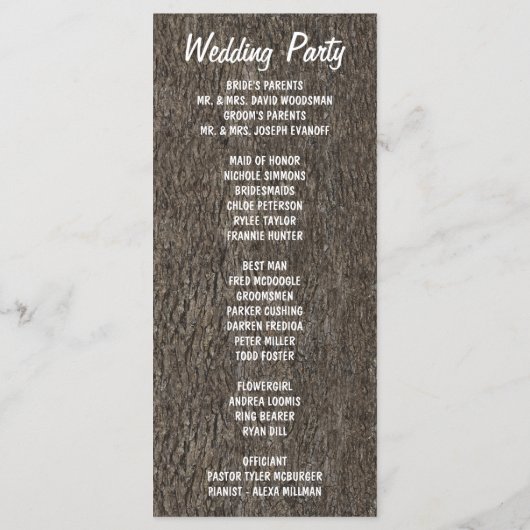 Rustieke gesneden eiken boom land bruiloft program programmakaart (Achterkant)