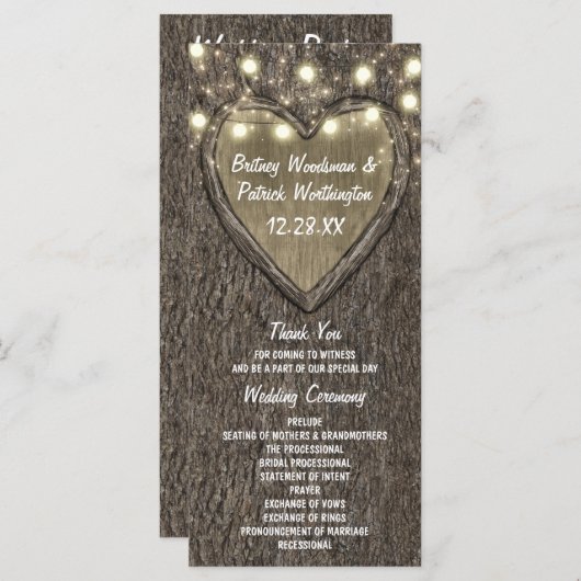 Rustieke gesneden eiken boom land bruiloft program programmakaart (Voorkant / Achterkant)