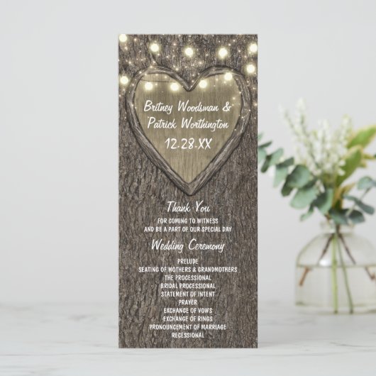 Rustieke gesneden eiken boom land bruiloft program programmakaart (Staand voorkant)
