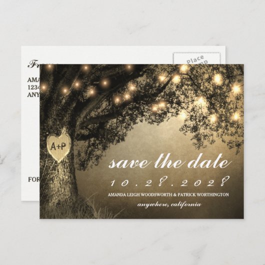 rustieke gesneden eikenboom bewaar de datumkaarte aankondigingskaart (Voorkant / Achterkant)