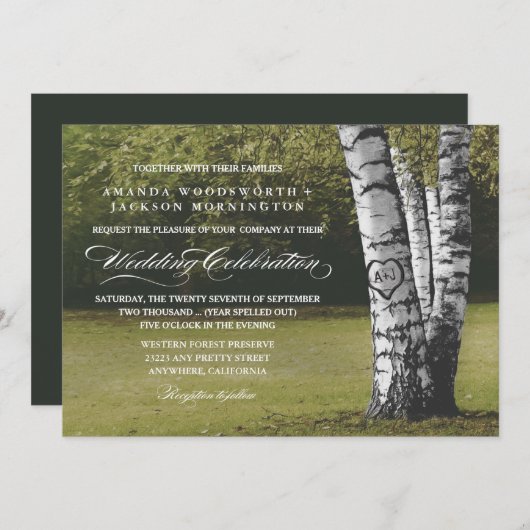 Rustieke gesneden hart berk boom bruiloft uitnodig kaart (Voorkant / Achterkant)