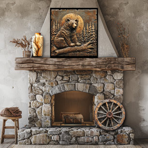 Rustieke gesneden houten Beren dennenbomen die de  Poster