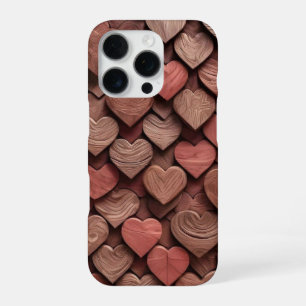 Rustieke Gesneden Houten Harten Patroon Hoesje iPhone 16 Pro Hoesje