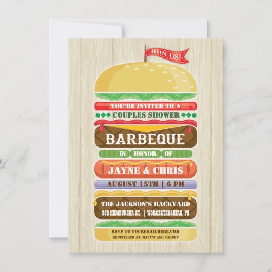 Rustieke Gestapelde Hamburger Koppel Bruiloft BBQ Kaart (Voorkant)