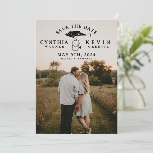 Rustieke Gevist Lure Rings Wedding Save the Date (Staand voorkant)
