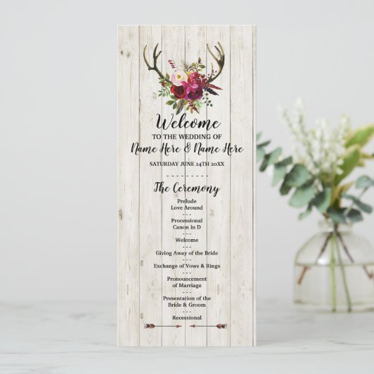 Rustieke Geweihout Bloemen Bruiloftsprogramma Programmakaart (Staand voorkant)