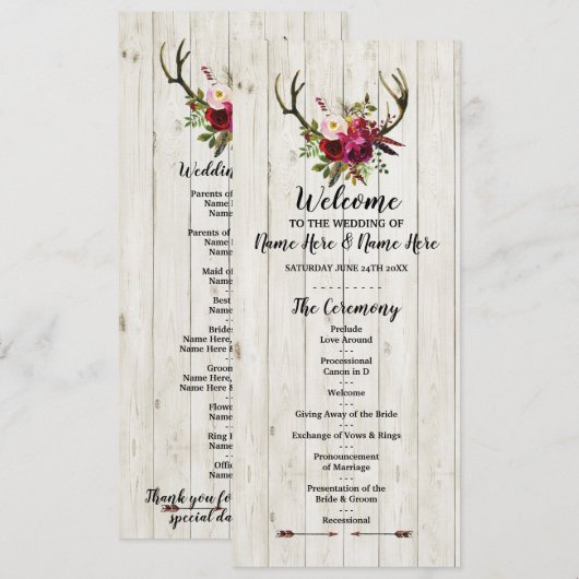 Rustieke Geweihouten Bloemen Bruiloftsprogramma Programmakaart (Voorkant / Achterkant)
