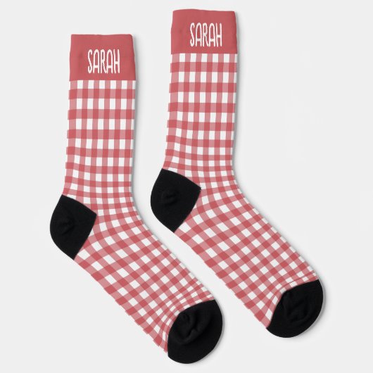 Rustieke Gingham aangepaste naam op rood-wit gerui Sokken (Rechts)