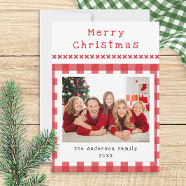 Rustieke Gingham Familie Foto Rood Wit Kerstmis Feestdagenkaart