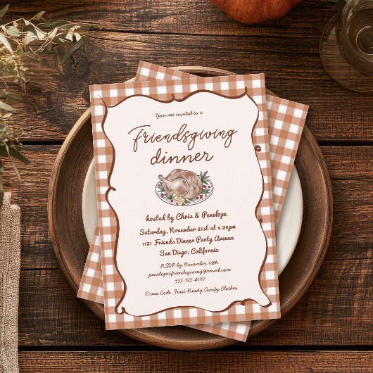 Rustieke Gingham Friendsgiving Thanksgiving-diner Kaart