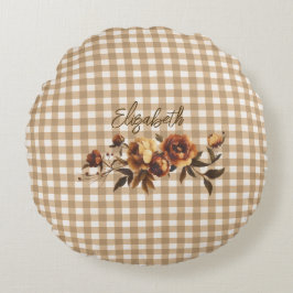 Rustieke Gingham Herfst Bloemen Gepersonaliseerd Rond Kussen